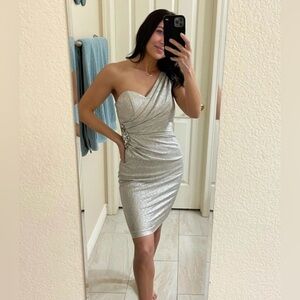 Cache NWT One Shoulder Metallic Cocktail Party Evening Dress Silver Size 12